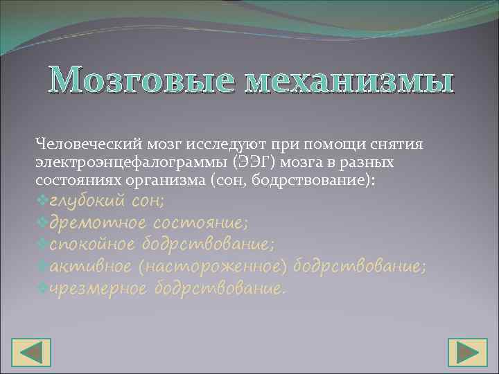 Мозговые механизмы Человеческий мозг исследуют при помощи снятия электроэнцефалограммы (ЭЭГ) мозга в разных состояниях