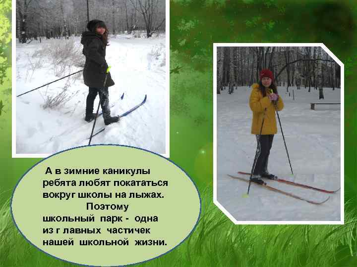 А в зимние каникулы ребята любят покататься вокруг школы на лыжах. Поэтому школьный парк