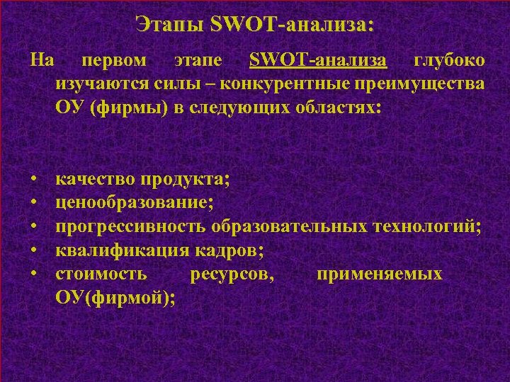 Этапы SWOT-анализа: На первом этапе SWOT-анализа глубоко изучаются силы – конкурентные преимущества ОУ (фирмы)