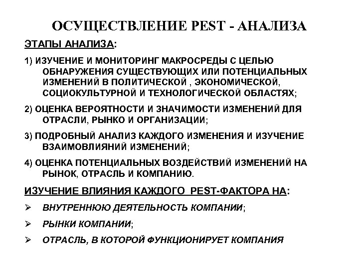 ОСУЩЕСТВЛЕНИЕ PEST - АНАЛИЗА ЭТАПЫ АНАЛИЗА: 1) ИЗУЧЕНИЕ И МОНИТОРИНГ МАКРОСРЕДЫ С ЦЕЛЬЮ ОБНАРУЖЕНИЯ