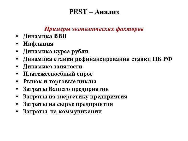 PEST – Анализ • • • Примеры экономических факторов Динамика ВВП Инфляция Динамика курса