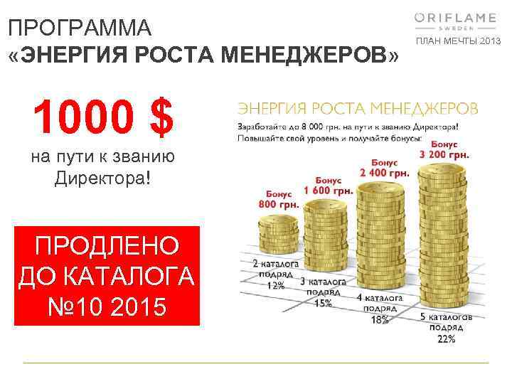 ПРОГРАММА «ЭНЕРГИЯ РОСТА МЕНЕДЖЕРОВ» 1000 $ на пути к званию Директора! ПРОДЛЕНО ДО КАТАЛОГА