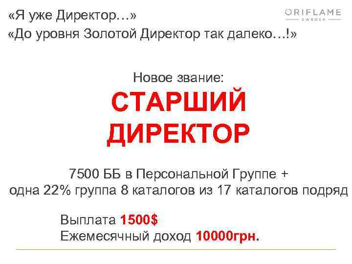  «Я уже Директор…» «До уровня Золотой Директор так далеко…!» Новое звание: СТАРШИЙ ДИРЕКТОР