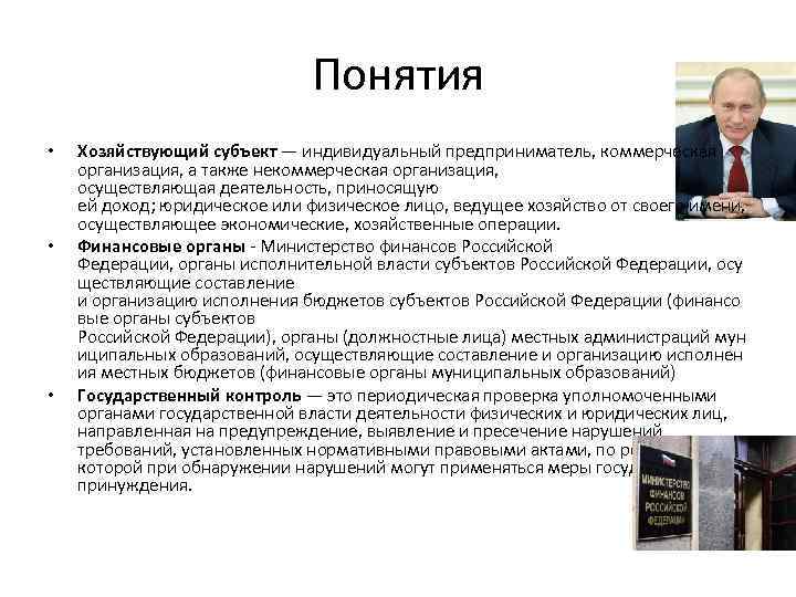 Понятия • • • Хозяйствующий субъект — индивидуальный предприниматель, коммерческая организация, а также некоммерческая