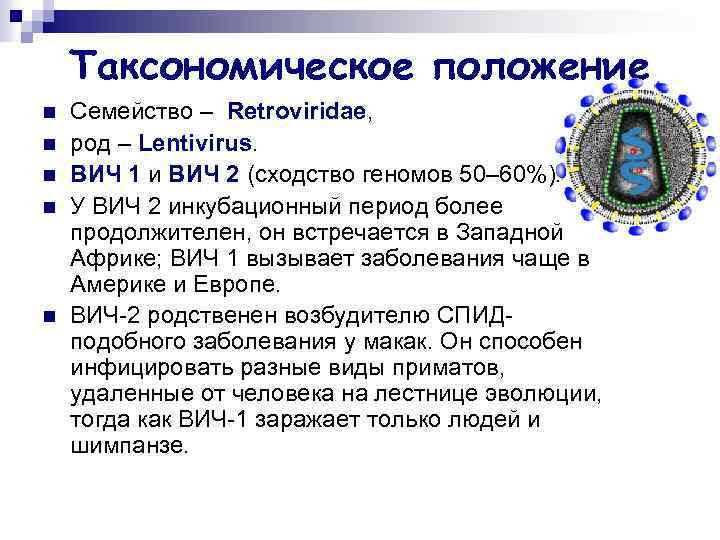 Таксономическое положение n n n Семейство – Retroviridae, род – Lentivirus. ВИЧ 1 и