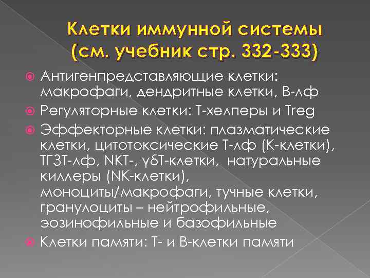 Клетки иммунной системы (см. учебник стр. 332 -333) Антигенпредставляющие клетки: макрофаги, дендритные клетки, В