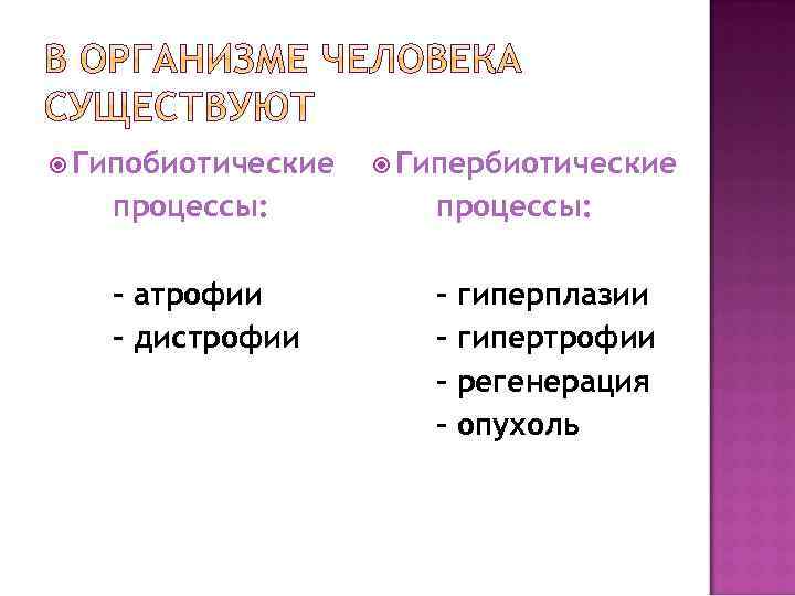  Гипобиотические Гипербиотические процессы: - атрофии - дистрофии - гиперплазии - гипертрофии - регенерация