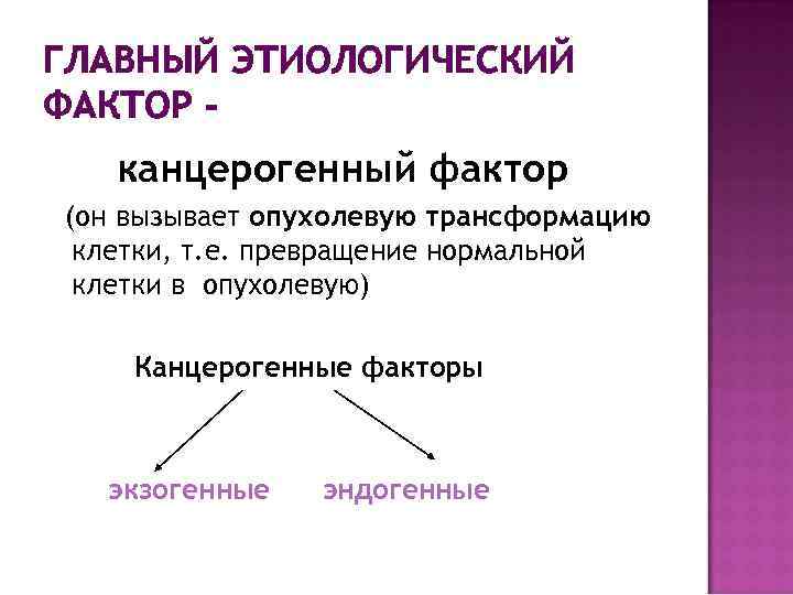 ГЛАВНЫЙ ЭТИОЛОГИЧЕСКИЙ ФАКТОР - канцерогенный фактор (он вызывает опухолевую трансформацию клетки, т. е. превращение