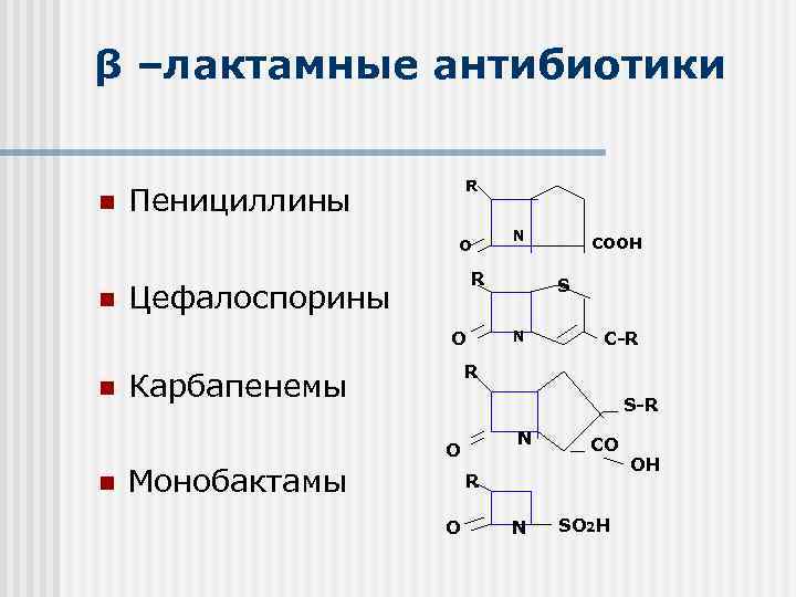 β –лактамные антибиотики n Пенициллины R O n R Цефалоспорины O n COOH S