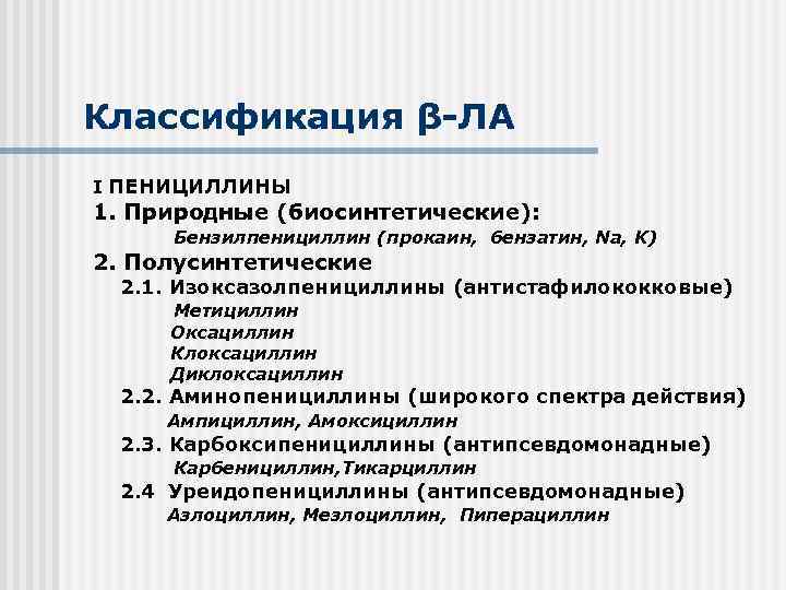 Классификация β-ЛА I ПЕНИЦИЛЛИНЫ 1. Природные (биосинтетические): Бензилпенициллин (прокаин, бензатин, Na, K) 2. Полусинтетические