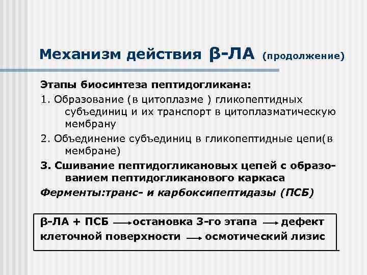 Механизм действия β-ЛА (продолжение) Этапы биосинтеза пептидогликана: 1. Образование (в цитоплазме ) гликопептидных субъединиц