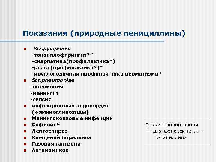 Показания (природные пенициллины) Str. pyogenes: -тонзиллофарингит* " -скарлатина(профилактика*) -рожа (профилактика*)" -круглогодичная профилак-тика ревматизма* n