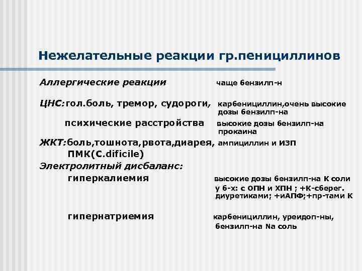 Нежелательные реакции гр. пенициллинов Аллергические реакции чаще бензилп-н ЦНС: гол. боль, тремор, судороги, карбенициллин,