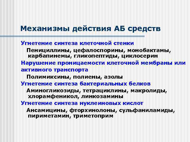 Механизмы действия АБ средств Угнетение синтеза клеточной стенки Пенициллины, цефалоспорины, монобактамы, карбапинемы, гликопептиды, циклосерин