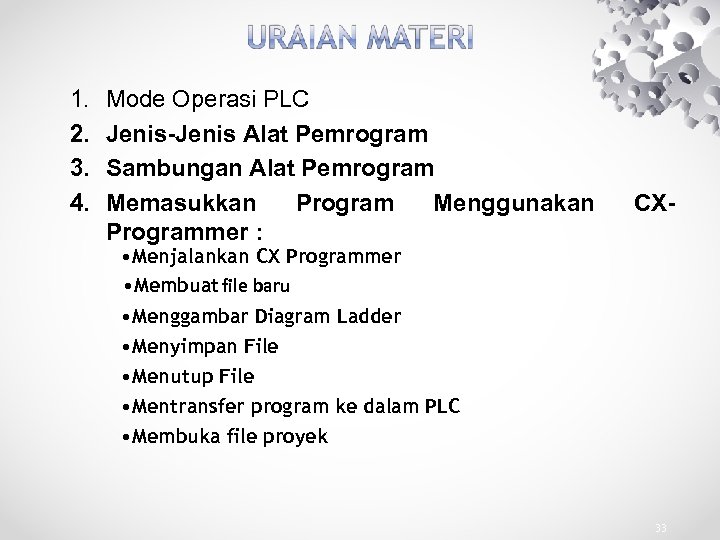 1. 2. 3. 4. Mode Operasi PLC Jenis-Jenis Alat Pemrogram Sambungan Alat Pemrogram Memasukkan