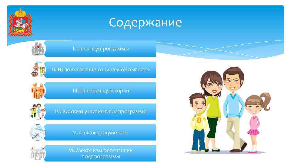 Содержание I. Цель подпрограммы II. Использование социальной выплаты III. Целевая аудитория IV. Условия участия