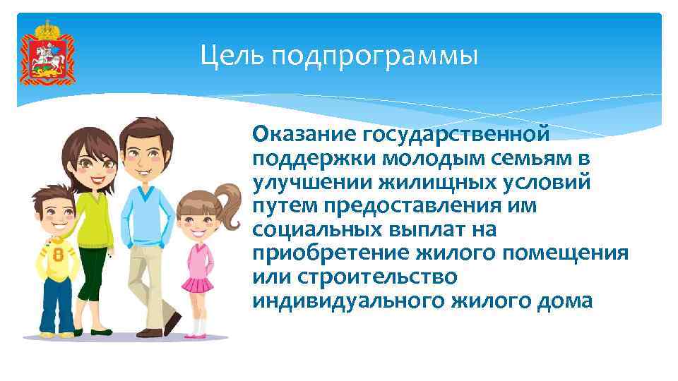 Цель подпрограммы Оказание государственной поддержки молодым семьям в улучшении жилищных условий путем предоставления им