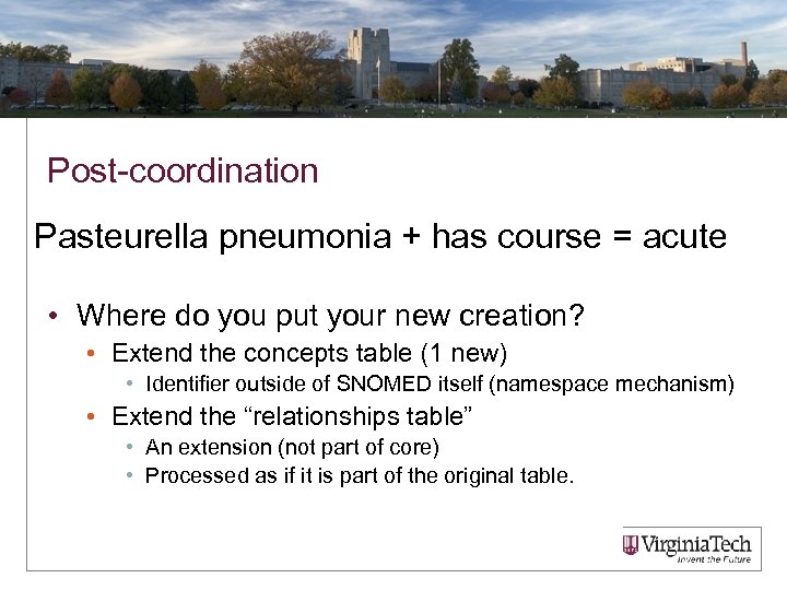 Post-coordination Pasteurella pneumonia + has course = acute • Where do you put your