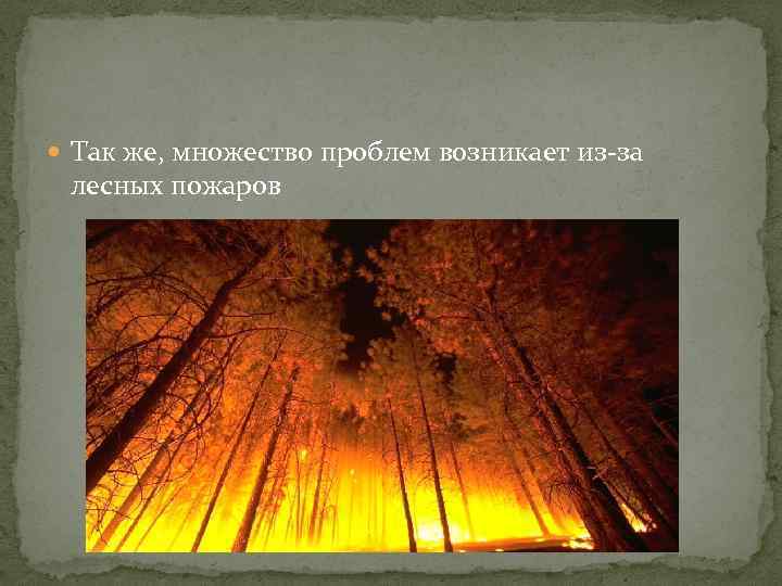  Так же, множество проблем возникает из-за лесных пожаров 