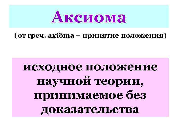 Аксиома (от греч. axíõma – принятие положения) исходное положение научной теории, принимаемое без доказательства