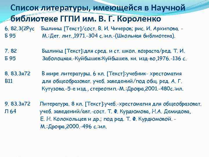 Список литературы, имеющейся в Научной библиотеке ГГПИ им. В. Г. Короленко 6. 82. 3(2