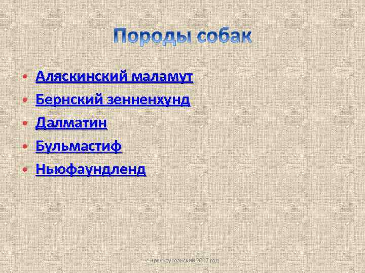  • • • Аляскинский маламут Бернский зенненхунд Далматин Бульмастиф Ньюфаундленд с. Красноусольский 2017