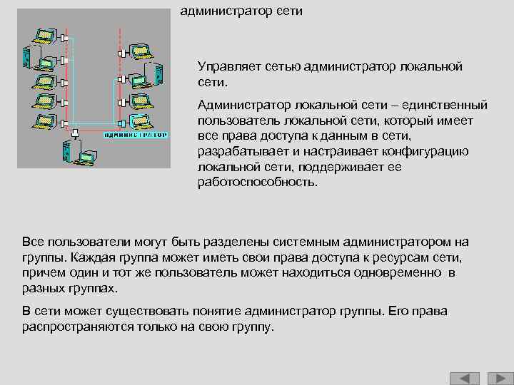 администратор сети Управляет сетью администратор локальной сети. Администратор локальной сети – единственный пользователь локальной