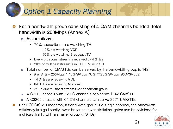 Option 1 Capacity Planning For a bandwidth group consisting of 4 QAM channels bonded: