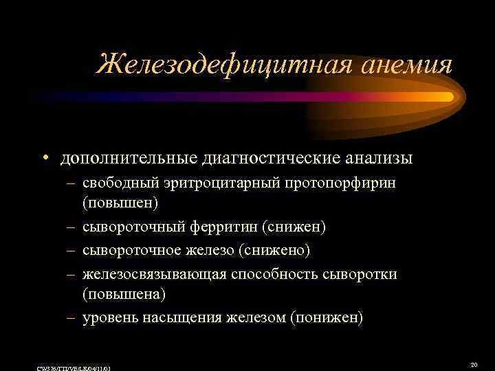 Железодефицитная анемия • дополнительные диагностические анализы – свободный эритроцитарный протопорфирин (повышен) – сывороточный ферритин