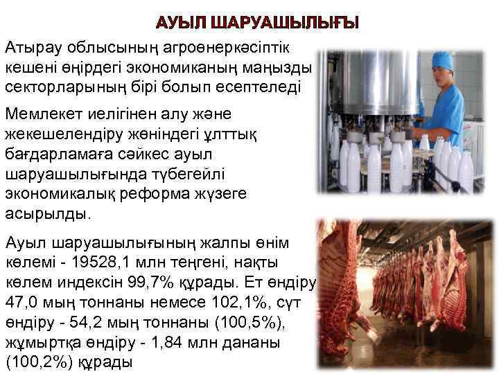 АУЫЛ ШАРУАШЫЛЫҒЫ Атырау облысының агроөнеркәсіптік кешені өңірдегі экономиканың маңызды секторларының бірі болып есептеледі Мемлекет