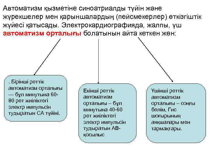 Автоматизм қызметіне синоатриалды түйін және жүрекшелер мен қарыншалардың (пейсмекерлер) өткізгіштік жүйесі қатысады. Электрокардиографияда, жалпы,