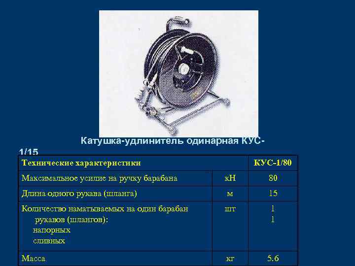 Катушка-удлинитель одинарная КУС 1/15 Технические характеристики КУС-1/80 Максимальное усилие на ручку барабана к. Н