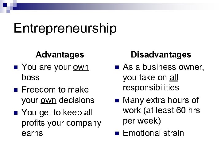 Entrepreneurship n n n Advantages You are your own boss Freedom to make your