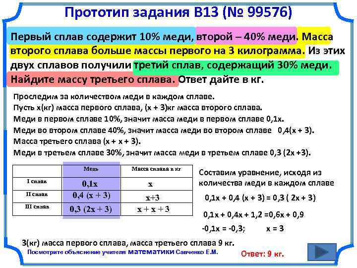 Прототип задания B 13 (№ 99576) Первый сплав содержит 10% меди, второй – 40%