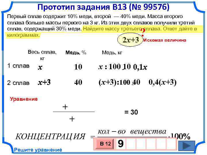 Прототип задания B 13 (№ 99576) Первый сплав содержит 10% меди, второй — 40%