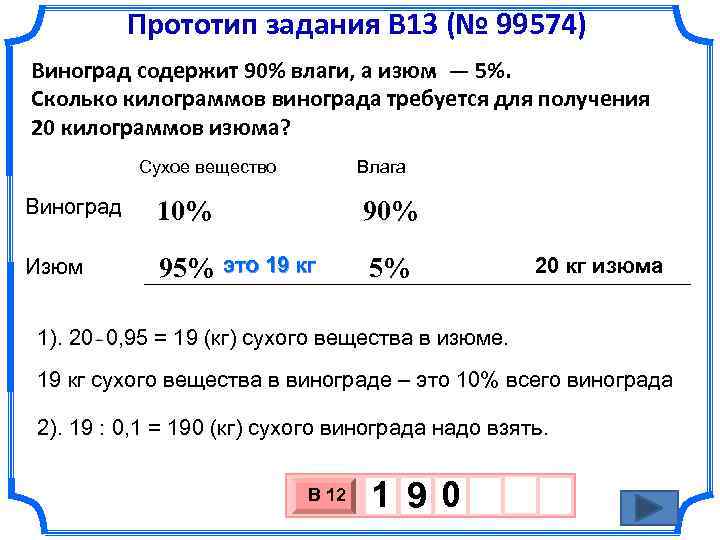 Прототип задания B 13 (№ 99574) Виноград содержит 90% влаги, а изюм — 5%.