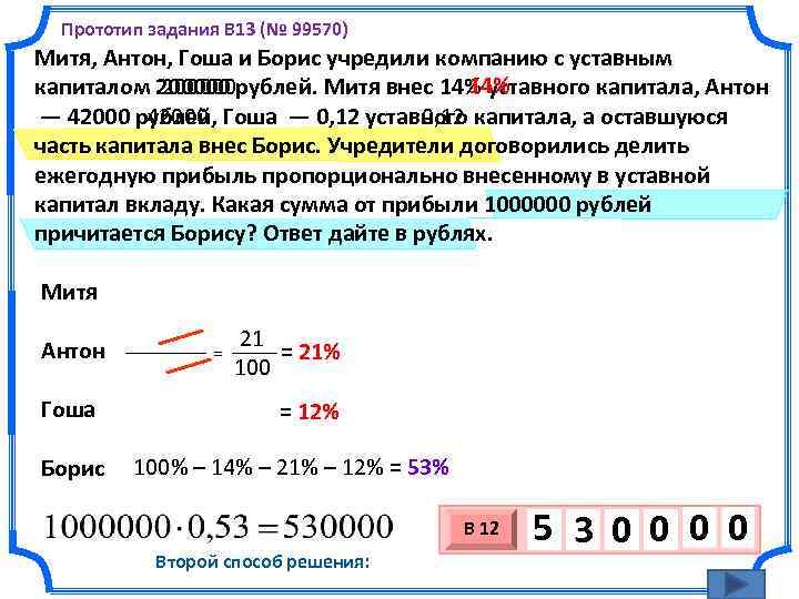Прототип задания B 13 (№ 99570). Митя, Антон, Гоша и Борис учредили компанию с