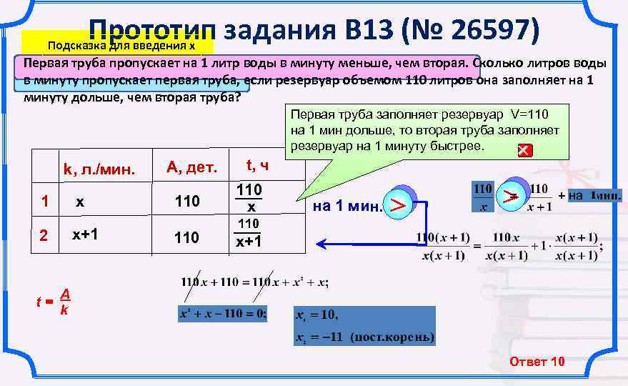 Прототип задания B 13 (№ 26597) Подсказка для введения х Первая труба пропускает на