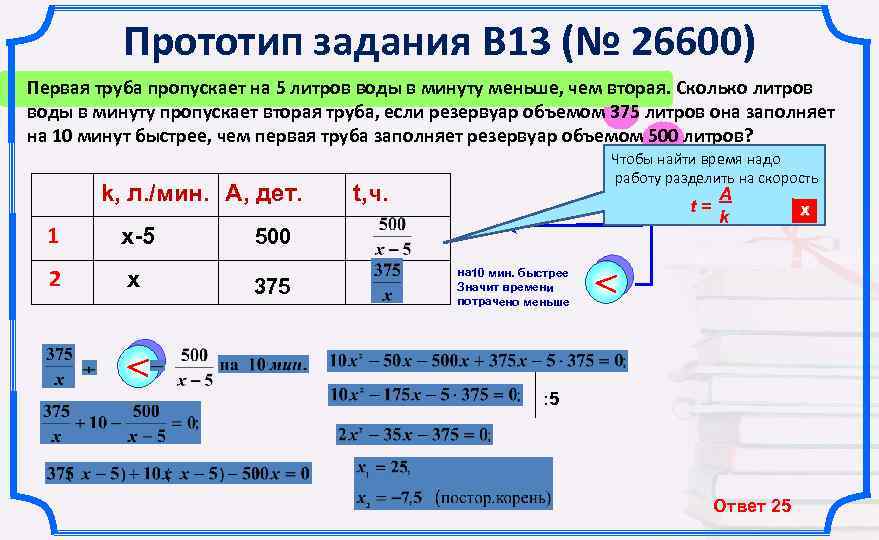 Прототип задания B 13 (№ 26600) Первая труба пропускает на 5 литров воды в