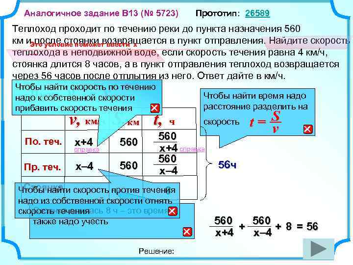 Аналогичное задание B 13 (№ 5723) Прототип: 26589 Теплоход проходит по течению реки до