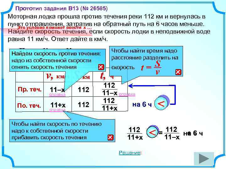 Прототип задания B 13 (№ 26585) Моторная лодка прошла против течения реки 112 км