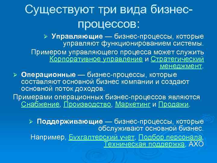 Существуют три вида бизнес процессов: Управляющие — бизнес процессы, которые управляют функционированием системы. Примером