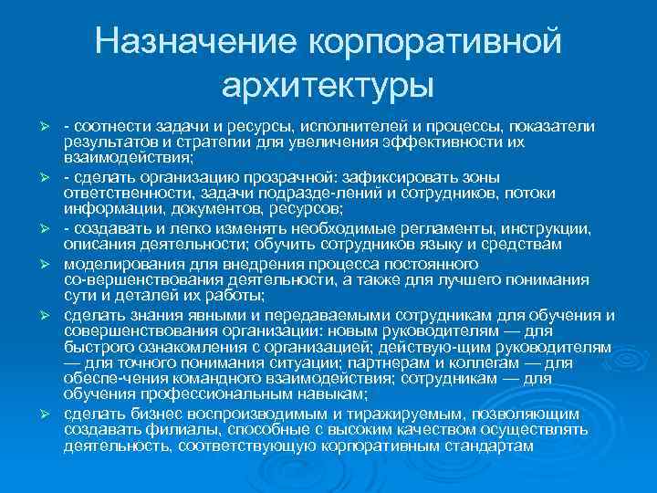 Назначение корпоративной архитектуры Ø Ø Ø соотнести задачи и ресурсы, исполнителей и процессы, показатели