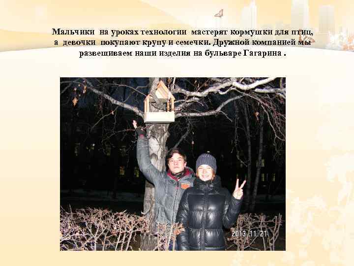 Мальчики на уроках технологии мастерят кормушки для птиц, а девочки покупают крупу и семечки.