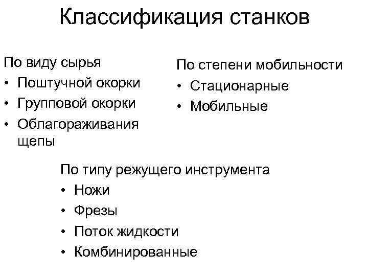 Классификация станков По виду сырья • Поштучной окорки • Групповой окорки • Облагораживания щепы