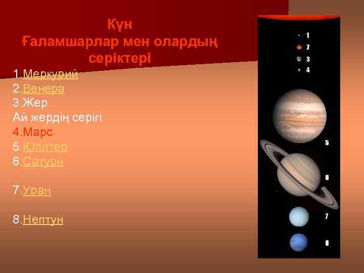 Күн Ғаламшарлар мен олардың серіктері 1. Меркурий 2. Венера 3. Жер Ай жердің серігі