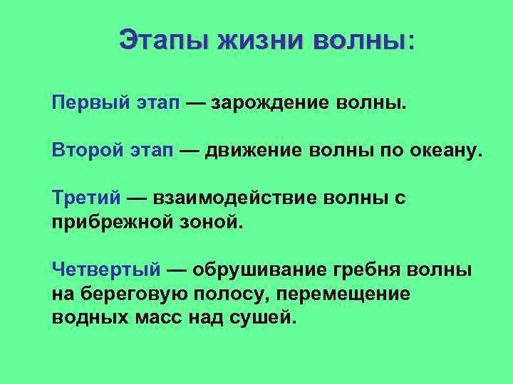 Этапы жизни волны: Первый этап — зарождение волны. Второй этап — движение волны по