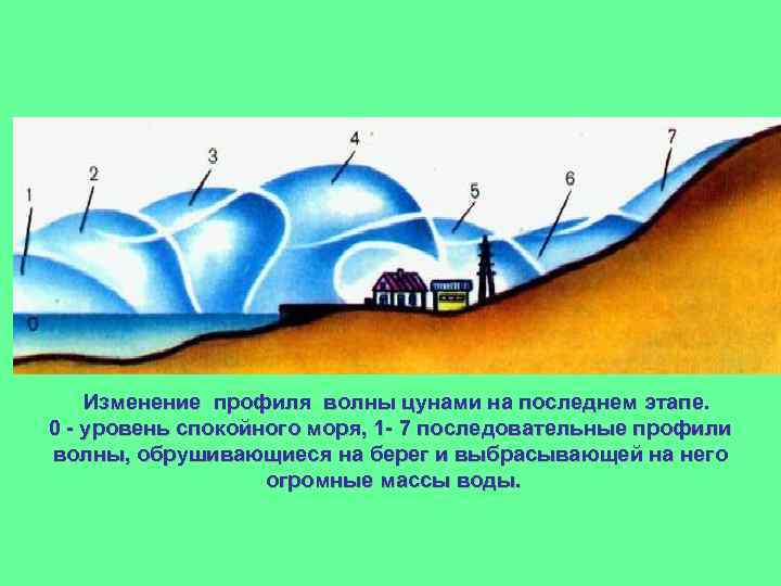  Изменение профиля волны цунами на последнем этапе. 0 - уровень спокойного моря, 1