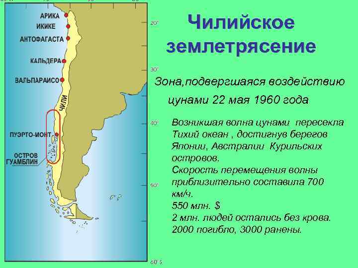 Чилийское землетрясение Зона, подвергшаяся воздействию цунами 22 мая 1960 года Возникшая волна цунами пересекла