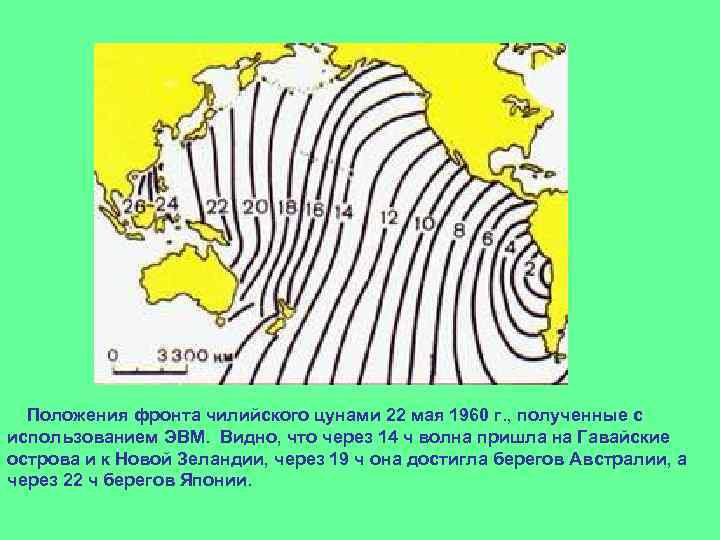 Положения фронта чилийского цунами 22 мая 1960 г. , полученные с использованием ЭВМ. Видно,